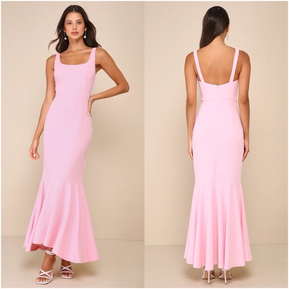 LULU’S Romantic Destiny Light Pink Square Neck Trumpet Maxi Dress - Picture 1 of 6